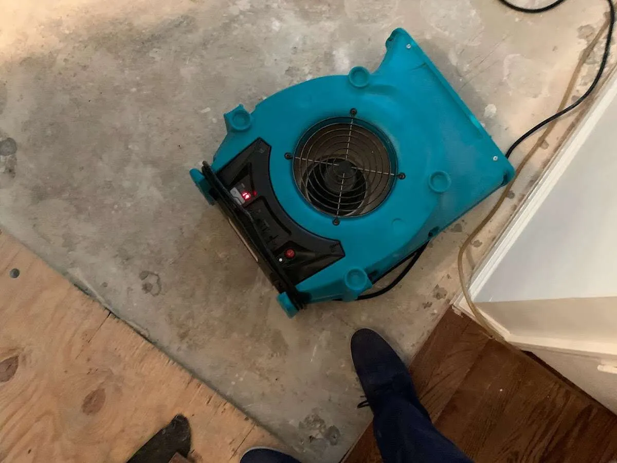 Air mover drying subfloor during Commercial Water Damage Restoration in Westwood